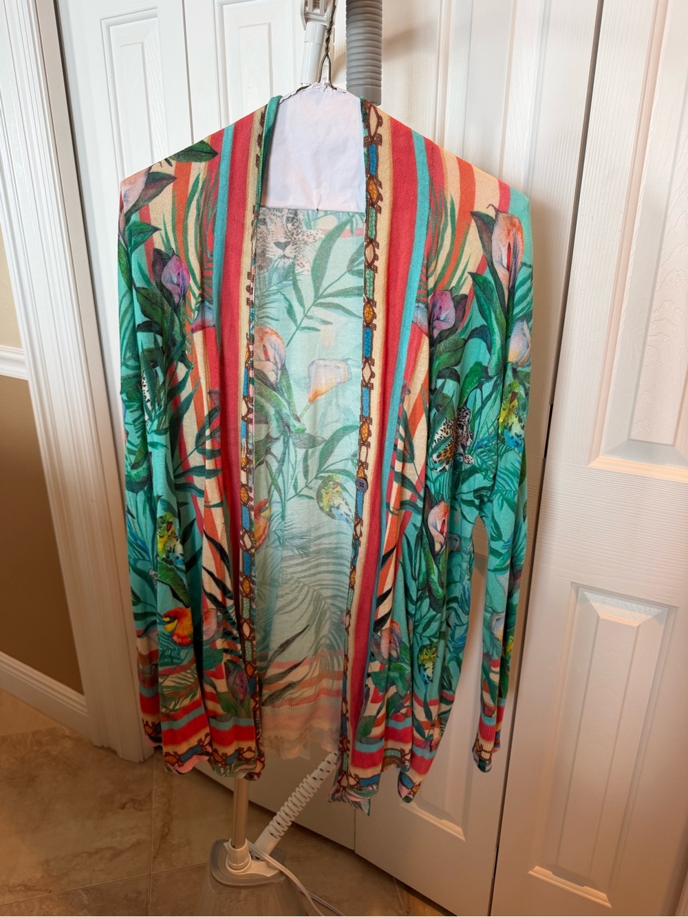 Johnny Was Tropical Floral Open Cardigan - Teal, Coral, Green